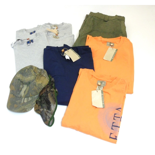 168 - A box clothing to include 7 Beretta Tee shirts, 3 grey 2 size S, 1 size M, 1 navy size XVL, 2 orange... 