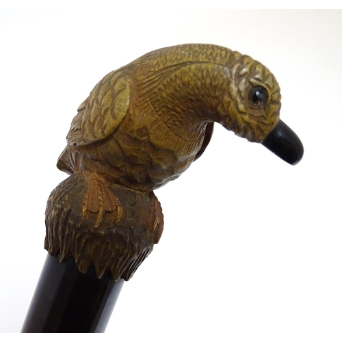 199 - A mid 20thC umbrella with Bakelite handle surmounted by carved figure of a bird. Approx 25'' long