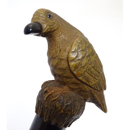 199 - A mid 20thC umbrella with Bakelite handle surmounted by carved figure of a bird. Approx 25'' long