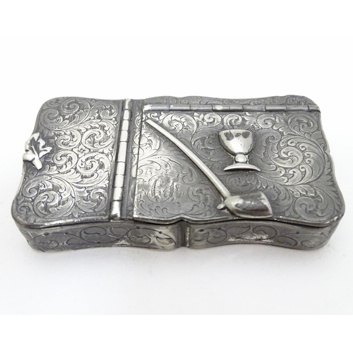 203 - A white metal 2-sectional snuff / tobacco box with acanthus scroll decoration, image of cup and pipe... 