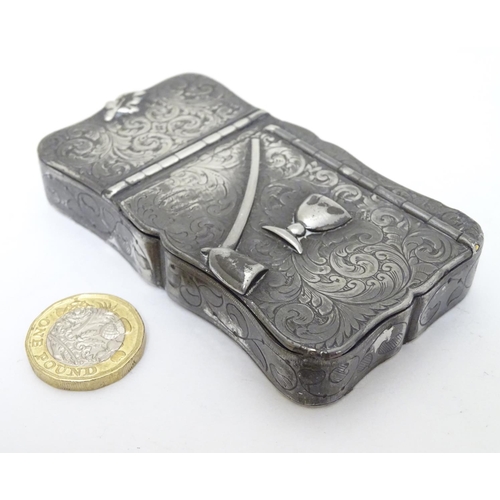 203 - A white metal 2-sectional snuff / tobacco box with acanthus scroll decoration, image of cup and pipe... 