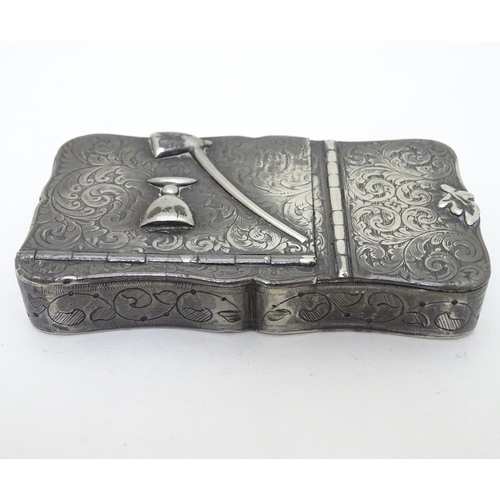 203 - A white metal 2-sectional snuff / tobacco box with acanthus scroll decoration, image of cup and pipe... 