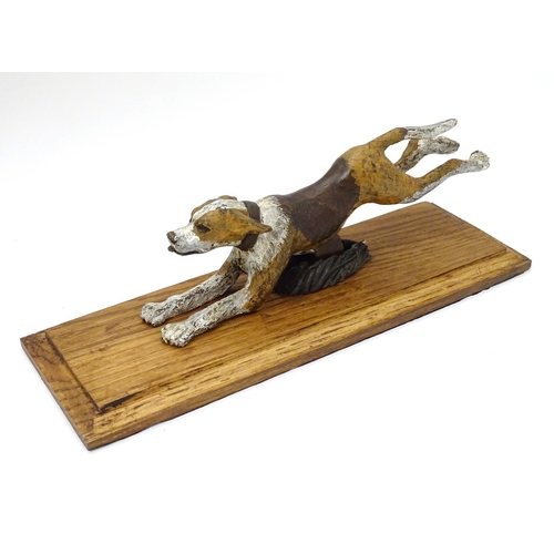 206 - A 21stC bronze desktop letter clip / paperweight formed as a cold painted figure of a running hound ... 