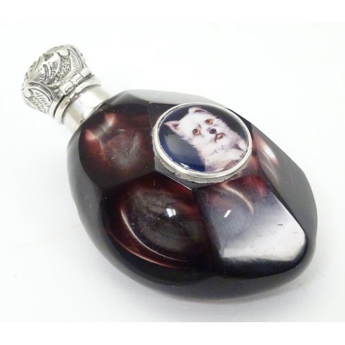 215 - A 21stC glass scent bottle of purple to clear colour with white metal top and cabochon decoration de... 