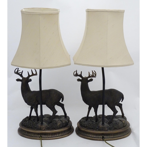 248 - A pair of late 20thC / 21stC table lamps, the bases with white-tail buck /stag decoration on ovoid b... 