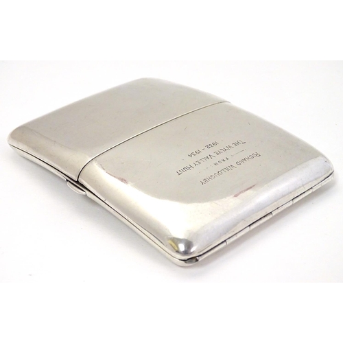 312 - Hunting Interest : A silver hip form cigarette case opening to centre to reveal 3 sections within.  ... 