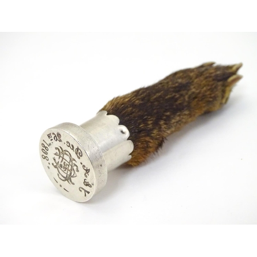 314 - A Victorian white metal mounted fox paw trophy / hand seal with seal end engraved and dated 1898. 5'... 