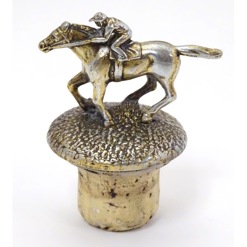 319 - Horse Racing Interest : A late 20thC / 21stC cork and silver plate bottle stopper with image of race... 