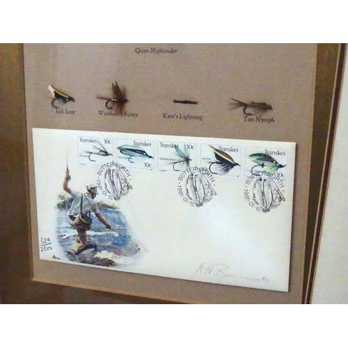 334 - Fly Fishing : A set of 5 Transkei mounted Salmon and trout flies , celebrating Butterworths stamps ,... 