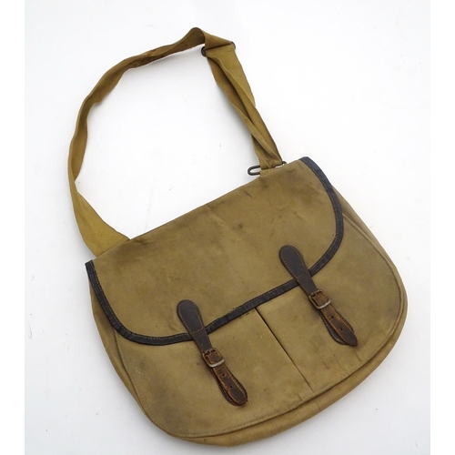 349 - Fishing : a vintage Tan canvas like and leather fishing bag with removable liner , shoulder strap an... 