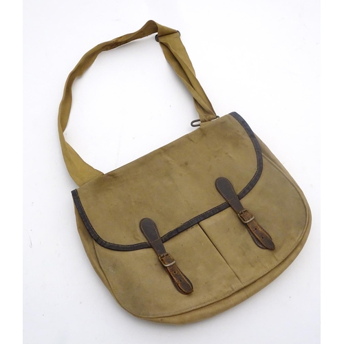 349 - Fishing : a vintage Tan canvas like and leather fishing bag with removable liner , shoulder strap an... 