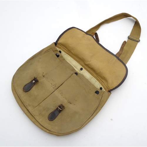 349 - Fishing : a vintage Tan canvas like and leather fishing bag with removable liner , shoulder strap an... 