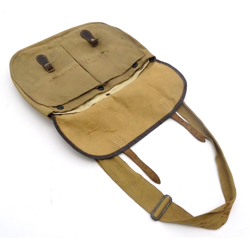 349 - Fishing : a vintage Tan canvas like and leather fishing bag with removable liner , shoulder strap an... 