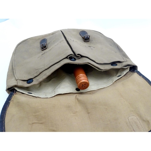 349 - Fishing : a vintage Tan canvas like and leather fishing bag with removable liner , shoulder strap an... 