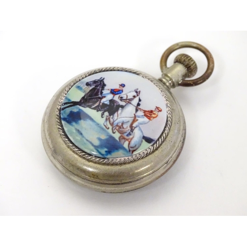 383 - A silver plate pocket watch / fob watch with later applied ceramic cabochon to reverse, depicting ho... 