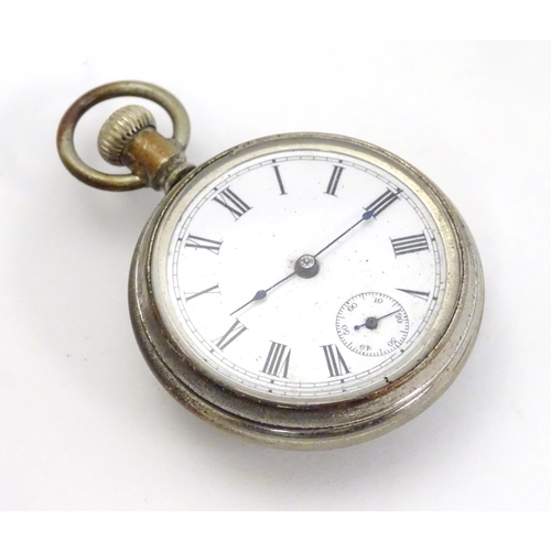 383 - A silver plate pocket watch / fob watch with later applied ceramic cabochon to reverse, depicting ho... 