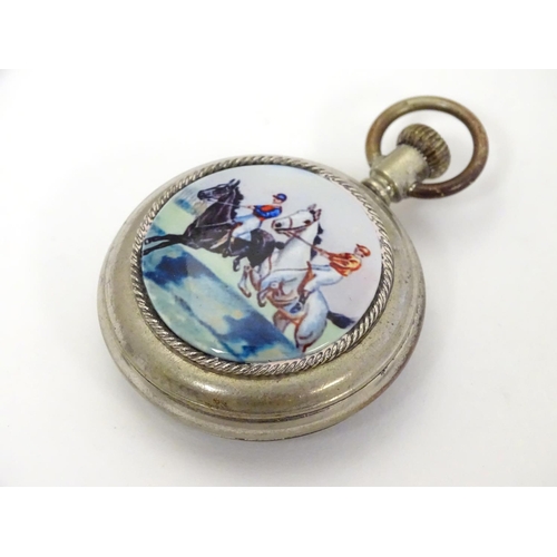 383 - A silver plate pocket watch / fob watch with later applied ceramic cabochon to reverse, depicting ho... 