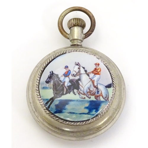 383 - A silver plate pocket watch / fob watch with later applied ceramic cabochon to reverse, depicting ho... 