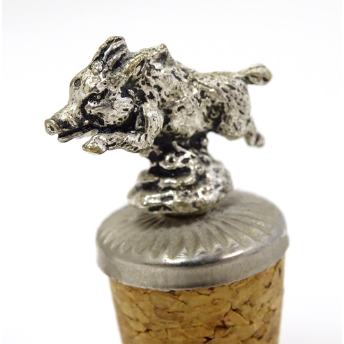 385 - 2 cork bottle stoppers, surmounted by silver plate decoration of a pheasant and a boar. Each approx ... 