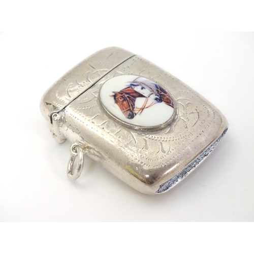 418 - A silver plate vesta case with later applied 21stC ceramic cabochon with horse head decoration. The ... 