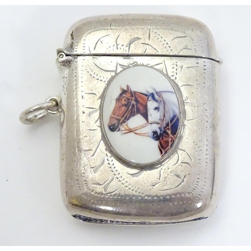 418 - A silver plate vesta case with later applied 21stC ceramic cabochon with horse head decoration. The ... 