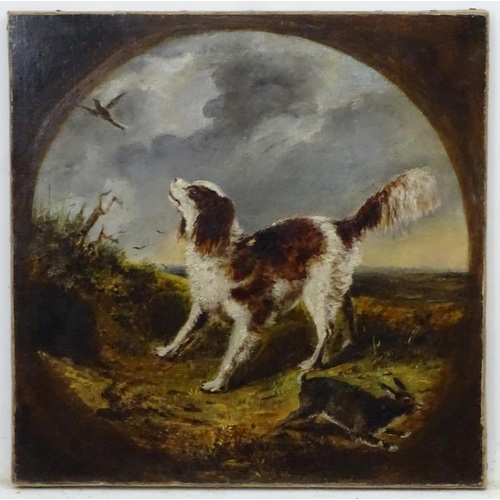 420 - Early XIX Canine school,  Oil on canvas,  A tondo, a gun dog gets startled by a bird on a heath whil... 