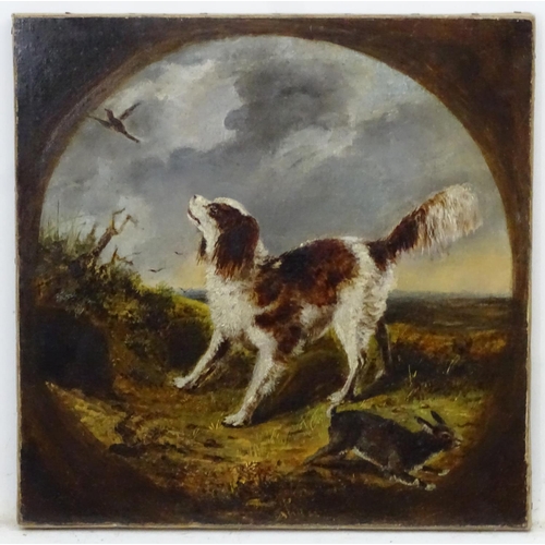 420 - Early XIX Canine school,  Oil on canvas,  A tondo, a gun dog gets startled by a bird on a heath whil... 