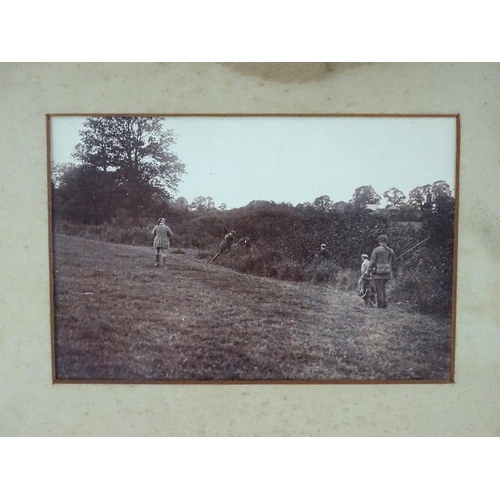 477 - Shooting: An oak - framed quadriptych of Victorian - Edwardian monochrome photographs depicting an i... 