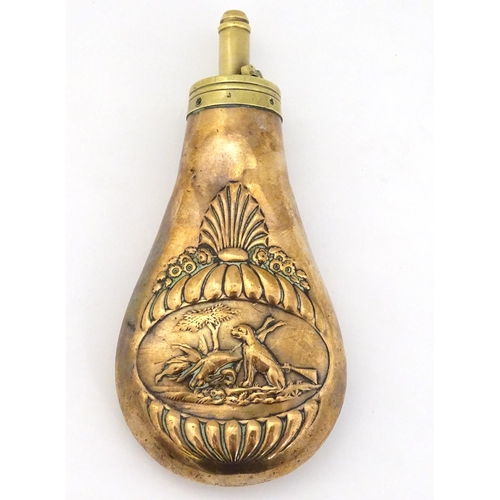 516 - A 19thC copper powder flask, the body decorated on both sides with images of gundog and game within ... 