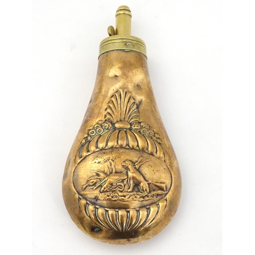 516 - A 19thC copper powder flask, the body decorated on both sides with images of gundog and game within ... 