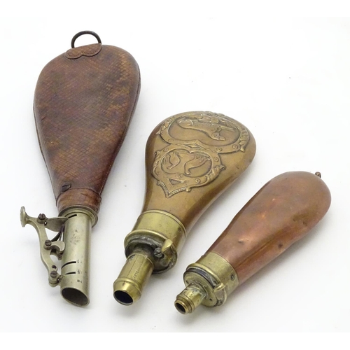 517 - Shooting: A 19thC G & J. W. Hawksley powder flask, of copper and brass construction with dram measur... 