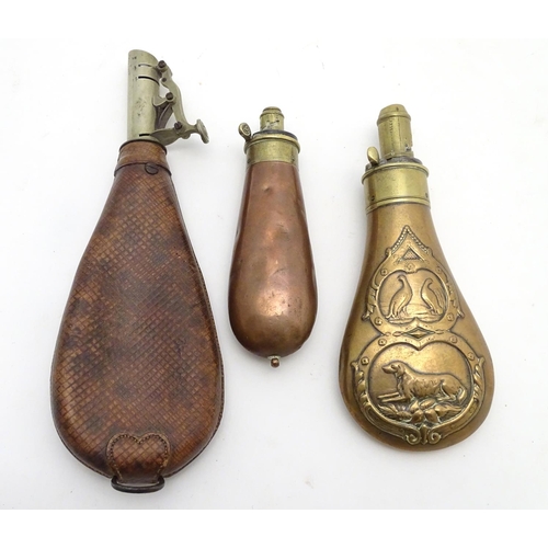 517 - Shooting: A 19thC G & J. W. Hawksley powder flask, of copper and brass construction with dram measur... 