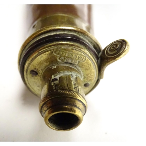 517 - Shooting: A 19thC G & J. W. Hawksley powder flask, of copper and brass construction with dram measur... 