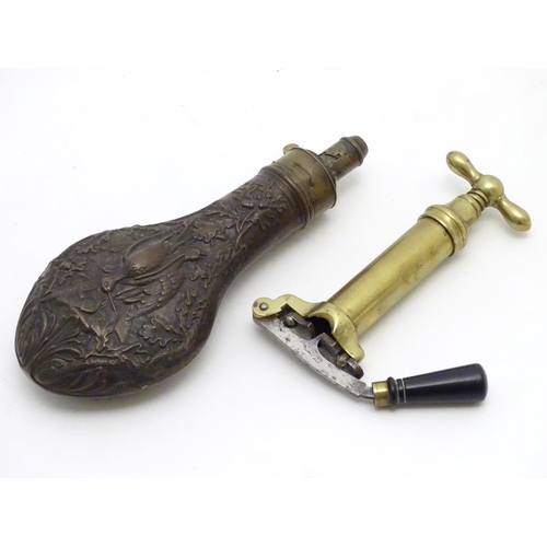 520 - Shooting: A 19thC G & J. W. Hawksley powder flask, of copper and brass construction with dram measur... 