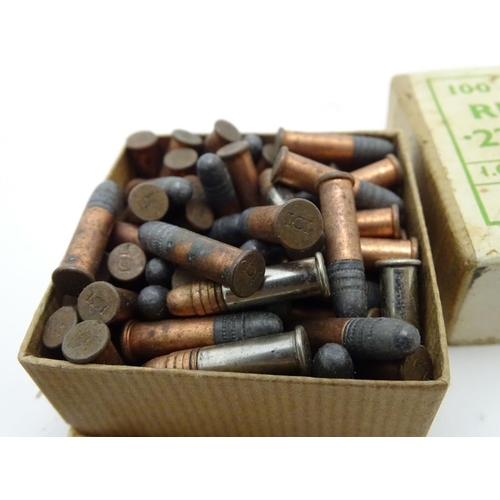 561 - Shooting: A box of MOD-issue, WWII-era .303 centrefire bullets, the heads stamped 'VII 1942', togeth... 