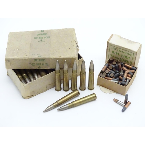 561 - Shooting: A box of MOD-issue, WWII-era .303 centrefire bullets, the heads stamped 'VII 1942', togeth... 