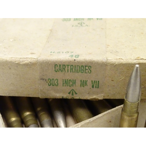 561 - Shooting: A box of MOD-issue, WWII-era .303 centrefire bullets, the heads stamped 'VII 1942', togeth... 