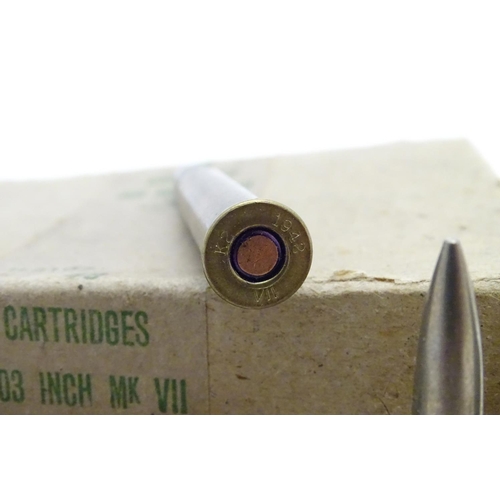 561 - Shooting: A box of MOD-issue, WWII-era .303 centrefire bullets, the heads stamped 'VII 1942', togeth... 