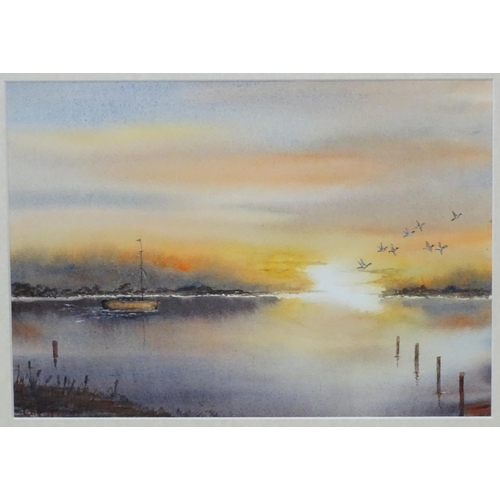 68 - C H Bigant XX, Watercolour, A boat motoring on the foreshore puts up waterfowl duck at sunrise Signe... 