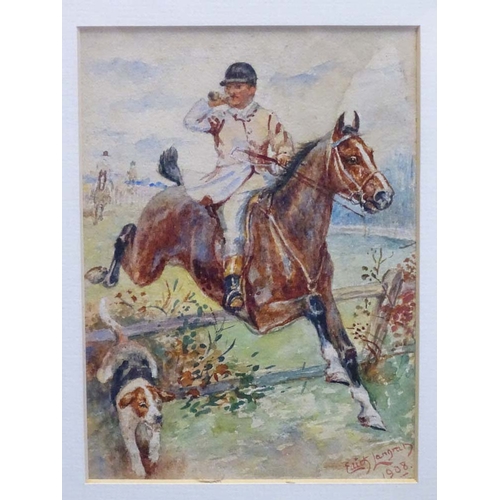 257 - Edith Langram 1908, Watercolour, The 'Whipper-in' jumping a fence on horseback with hounds, 6 1/2'' ... 