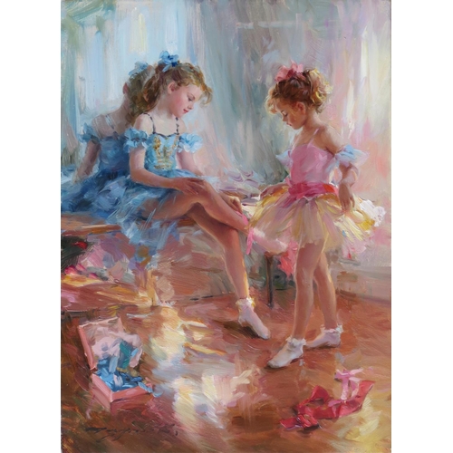 100 - Konstantin Razumov (b. 1974), Russian.  Oil on canvas, ''In the dressing room'', Young girls getting... 