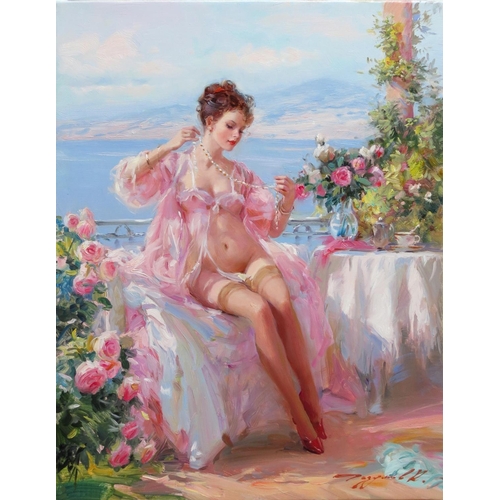 101 - Konstantin Razumov (b. 1974), Russian. Oil on canvas, ''Half-naked lady seated in a flower garden'',... 