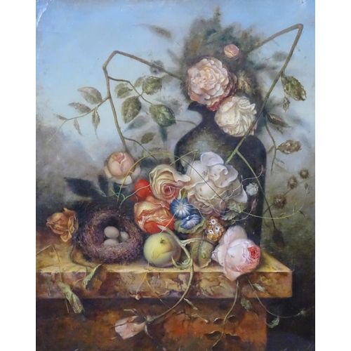 106 - Andrey Kartashov,(XX) Russian. Oil on canvas Still life with roses, fruit, bottle, birds nest etc.  ... 