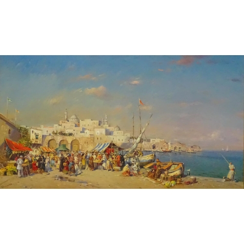 119 - Yakov Beperstov (XX) Russian Oil on canvas A market by the sea, Scene with Figures, market traders a... 