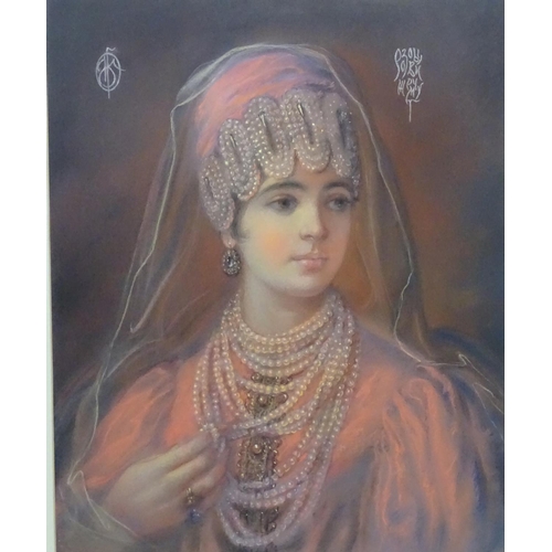 12 - Marina Kuznetsova, (b.1963) Russian. Pastel Pink pearls, Portrait of a Russian lady wearing headdres... 