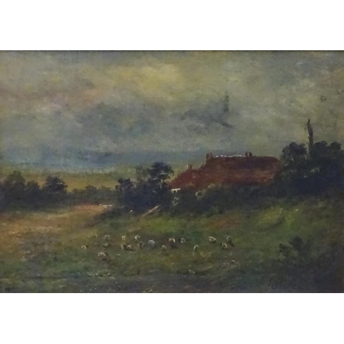 123 - J Luch XIX, Oil on canvas, Sheep grazing before a country cottage, Signed lower right. 9 3/4 x 13 3/... 