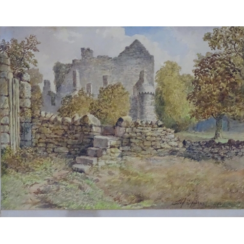 126 - A Breckner XX-XIX,  Watercolour, Figures stood by a stone built farm, Signed lower left. 7 1/2 x 11'... 