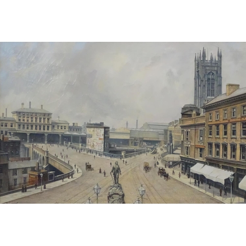 138 - J L Chapman (1946) Oil on canvas, Exchange Station Manchester , showing statue to Oliver Cromwell , ... 