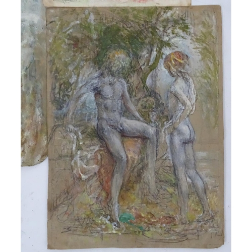 141 - Follower of Henry Scott Tuke, Mixed media on paper x 3, 3 naked boys and girls. The largest 15 1/2 x... 