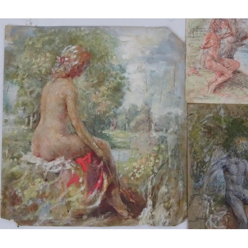 141 - Follower of Henry Scott Tuke, Mixed media on paper x 3, 3 naked boys and girls. The largest 15 1/2 x... 